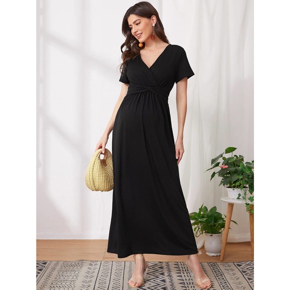 MATERNITY Surplice v Neck Ruched waist maxi Dress black - Picture 1 of 11
